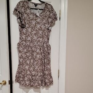torrid Brown Mini Dress with White Floral Pattern and Ruffle Sleeves